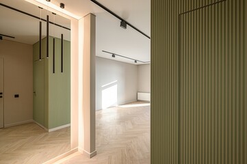 Minimalist interior with herringbone wood floors, olive green paneling, and sleek black track lighting. Modern and clean design