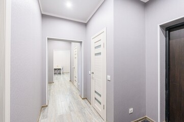 well-lit hallway with gray walls, light wood-look flooring, and several doors. The style is modern...