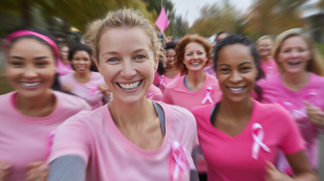 group of women participating in a pink charity run for breast cancer awareness, wearing matching shirts and ribbons