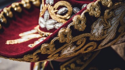 A festive hat with vibrant red fabric and intricate golden embroidery featuring swirling patterns and floral motifs,