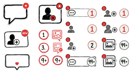 Collection of hand drawn social media notification icons and speech bubbles with red alert dots and number badges