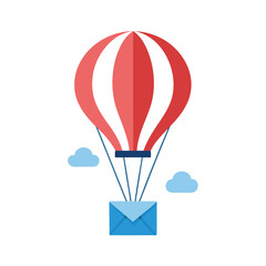 Red and white striped hot air balloon carrying a blue envelope on white background