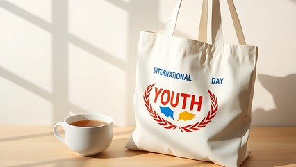 Minimalist tote bag with bold UN-colored designs beside herbal tea in morning light.