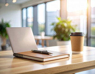 Office with laptop and coffee mug. A modern desk with a laptop, notebook, pen, and a coffee-to-go cup in sunlight. Ideal for work, planning, or content creation.