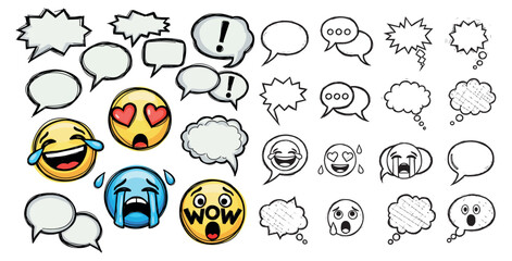 Collection of hand drawn comic book style speech bubbles and expressive emoji faces showing various emotions and reactions