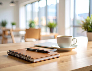 Desk with coffee cup and notebook. A cup of coffee on a light wooden desk with a notebook and laptop in the background. Perfect for a productive work atmosphere.