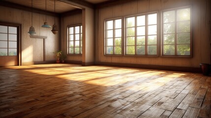 Obraz premium A spacious, wooden room with large windows, hardwood floors, and a wooden ceiling. The room is well-lit with natural light from the windows, creating a warm and inviting atmosphere.