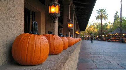 Obraz premium Row of Vibrant Orange Pumpkins Lined Along a Wall with Lanterns During Autumn Season in a Festive Outdoor Setting