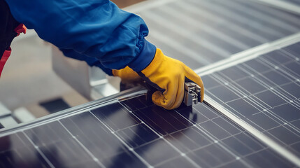 Closeup of gloved hands tightening solar panel clamps on frame, installation in progress