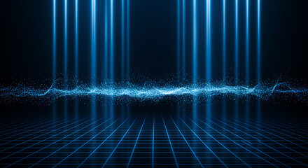 Electric blue light beams over shimmering particle wave on grid abstract particles