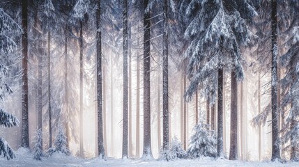 Obraz premium Enchanting winter forest with snow draped evergreen trees, soft sunlight through misty haze,