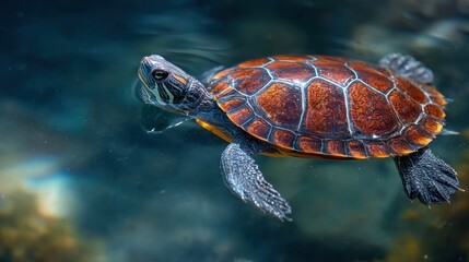Turtle swimming in dark water