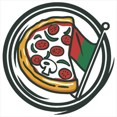 Whimsical Pizza Slice with Toppings and Italian Flag, Framed by Decorative Dark Green Circle Design