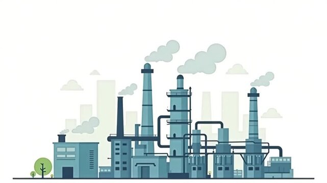 Flat Vector Illustration: Comprehensive Evaluation of Crude Oil Refining Emissions - Environmental Impact, Efficiency Measures, Regulatory Compliance & Emission Control Strategies for Cleaner Producti