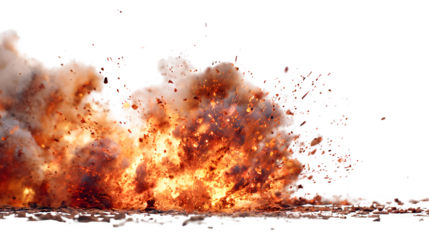 Fire and flying sparks in dynamic explosion on a white background