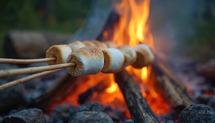 Campfire gathering roasting marshmallows on wooden sticks. Peaceful campsite, surrounded by nature under clear night sky. Enjoying warm, golden-brown snacks, friends bonding over sweet tradition,