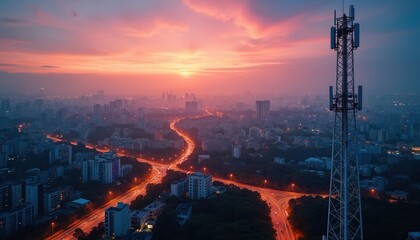 Cell tower transmits wireless signals over city skyline at sunset. 5G technology enables fast internet connectivity. Represents modern telecommunication infrastructure and data transmission.
