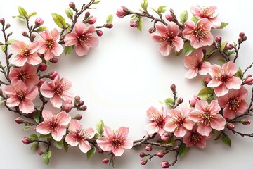 Obraz premium Pink cherry blossom floral oval arrangement over a white background