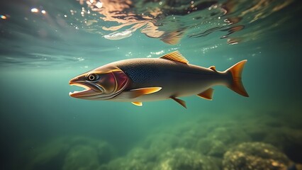 A trout swimming gracefully in a clear river, illuminated by sunlight filtering through the water.