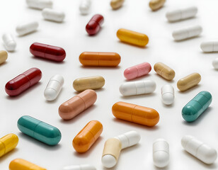 tablets and capsules, Assorted Pills and Capsules on White Background in Natural Light with copy text space