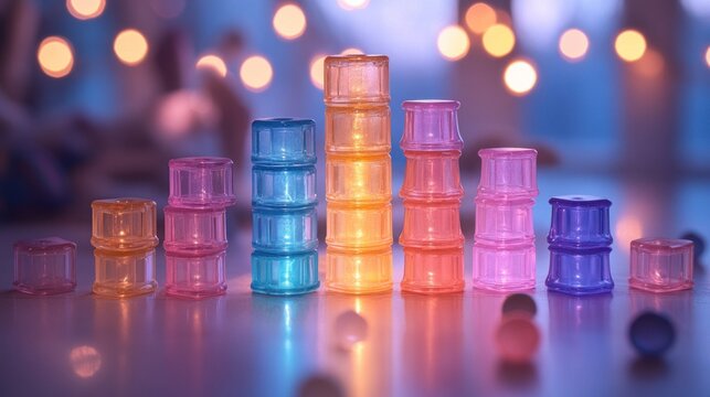 Colorful stacked containers, lit from within, create a chart or graph pattern against a bokeh background