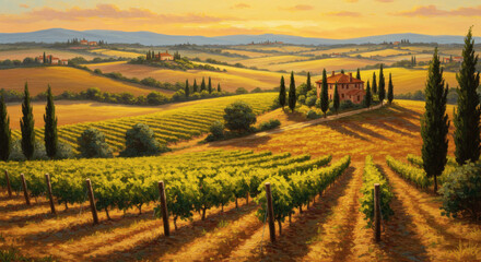 Fototapeta premium A vibrant oil painting of a sunlit Tuscan vineyard at golden hour, with rolling hills, cypress trees, and warm light filtering through the grapevines