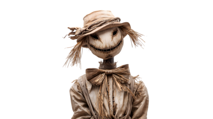 Creepy smiling scarecrow figure on white background