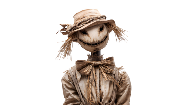 Creepy smiling scarecrow figure on white background
