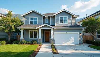 Modern suburban house with grey siding, white trim windows, stone accents. Features welcoming wooden front door, attached two-car garage, green lawn. Perfect for real estate listings, home decor