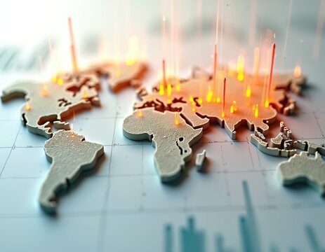 3D map with glowing data points, rising bars, representing global statistics information flow. Digital visualization features world map with vibrant elements, suggesting international business,