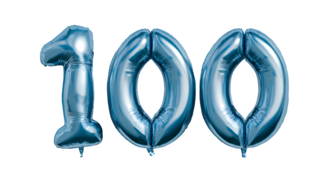 Blue metallic balloons shaped as number 100 on a white background