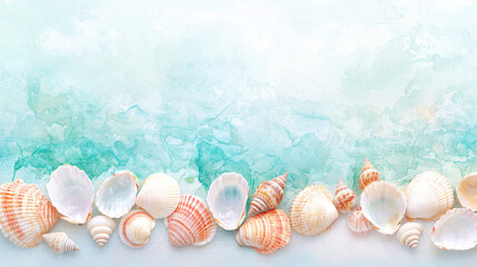Serene coastal scene featuring variety of seashells arranged along soft, watercolor background shades of blue and green. image evokes sense
