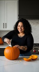 Woman carving pumpkin on kitchen counter for Halloween