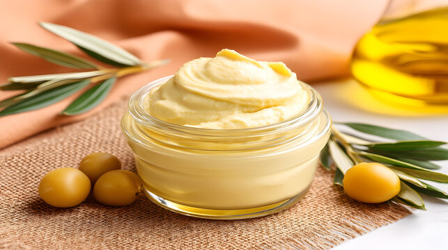 A close-up shot a glass jar filled creamy olive body cream, accompanied fresh olives olive oil.