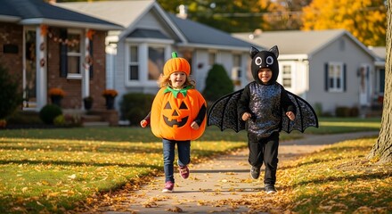 Kids in halloween costumes running down the street
