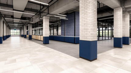 Fototapeta premium Modern open office interior with tall ceilings, large windows, and stylish columns, showcasing a spacious and inviting work environment for collaboration