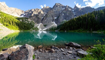 Naklejka premium High-resolution image of a crystal-clear alpine lake reflecting majestic mountains and lush pine forests in vibrant summer colors. Perfect for outdoor magazines, travel brochures