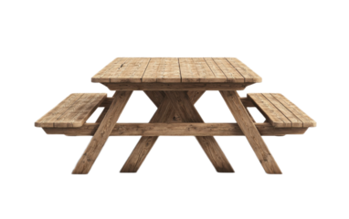Wooden picnic table with benches on transparent background, png