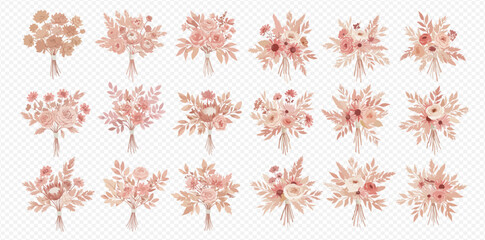 A beautiful collection of eighteen rustic floral bouquets in soft pink and beige watercolor style.