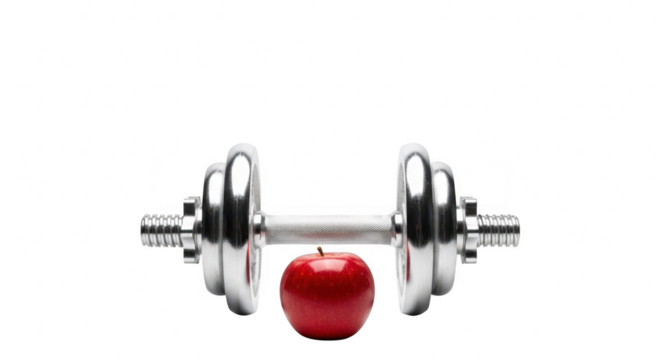 Shiny silver dumbbell with a red apple suspended below on a black background