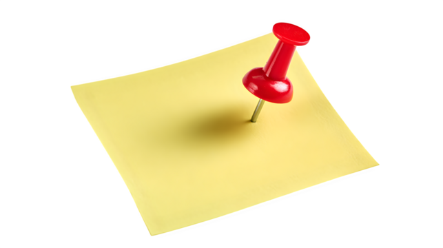 Yellow sticky note with red pushpin on a white background