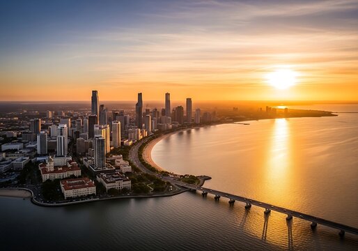 Stunning city skyline aerial view at golden sunset. Vibrant urban landscape with a curved waterfront, modern skyscrapers, and a long bridge reflecting warm light.