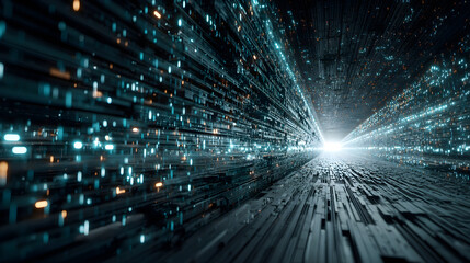 Obraz premium Abstract image depicting a futuristic data stream tunnel glowing teal orange particles, conveying speed technological advancement.