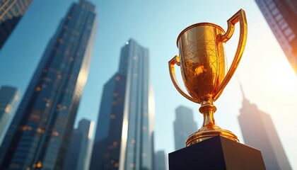 Gleaming golden trophy business achievement against modern skyscrapers. Sunlight highlights award representing success, victory, excellence in competition. Symbol of prestige, motivation in urban