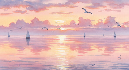 A dreamy watercolor seascape at dawn, where soft pink clouds reflect in the still ocean, dotted with distant sailboats and seagulls in flight