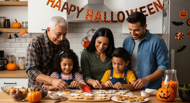 Family making Halloween cookies together in the kitchen