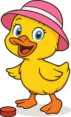 CAD drawing flat vector illustration, cartoon duckling, pink hat, smiling bird character, cute animal, red button, children’s design