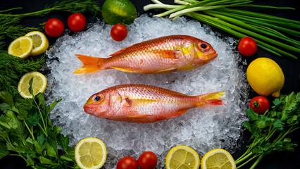two goldfish on ice with deer and lemon and tomatoes