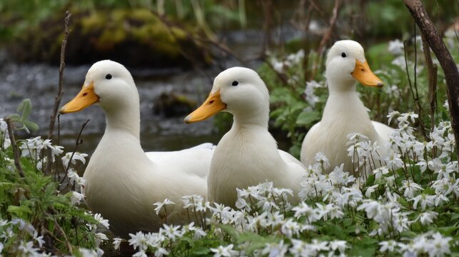 White ducks among white flowers