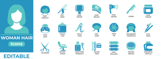 Clean editable woman hair vector icons   ideal for beauty, fashion, salon, branding, and digital design